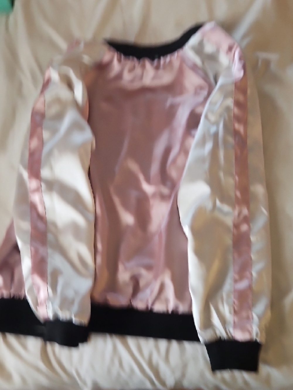 Floral Embroidered Black Satin Bomber Jacket with Pink Accents/ Reversable - Picture 10 of 10